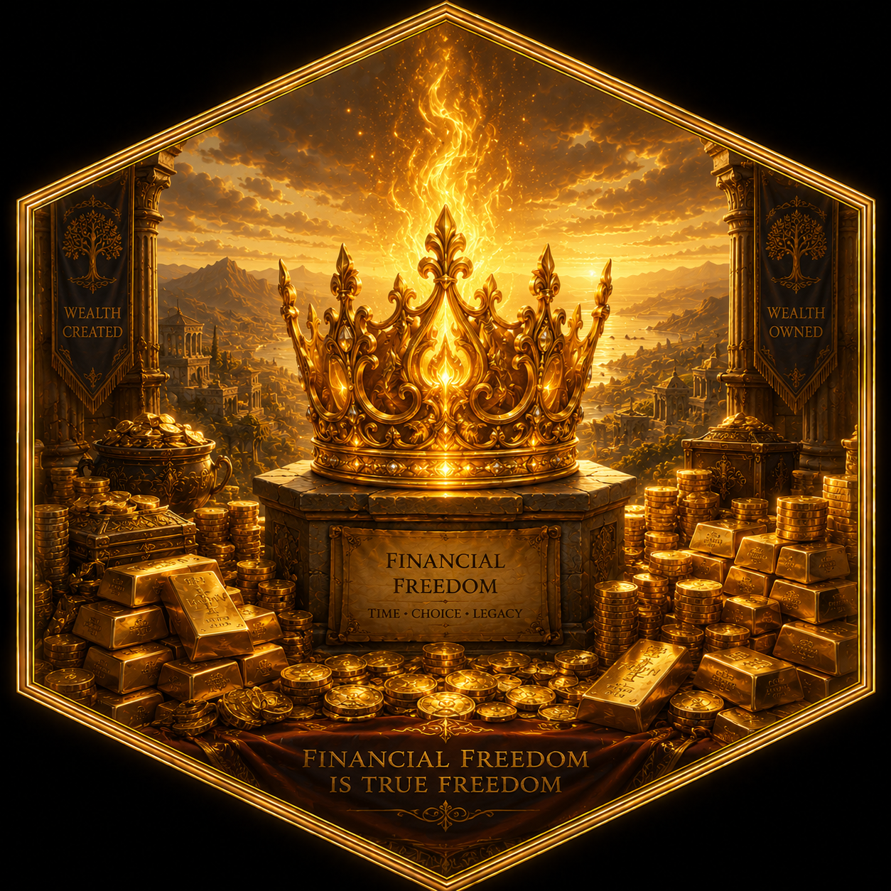 Golden crown of refined fire surrounded by wealth representing financial freedom