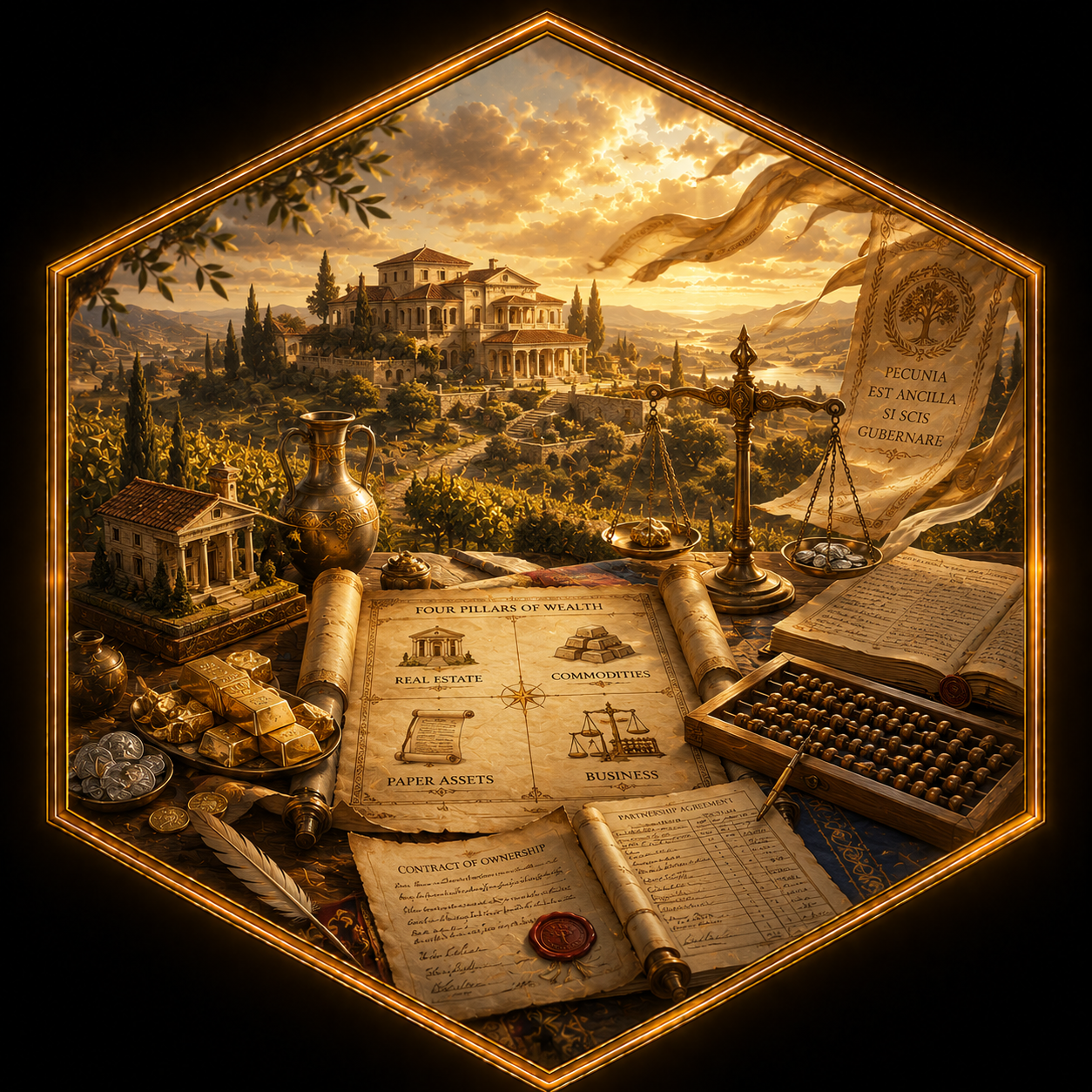 Ancient four pillars of wealth representing real estate, commodities, paper assets, and business