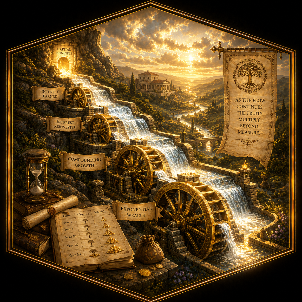 Cascading waterwheels representing compound interest and compounding growth