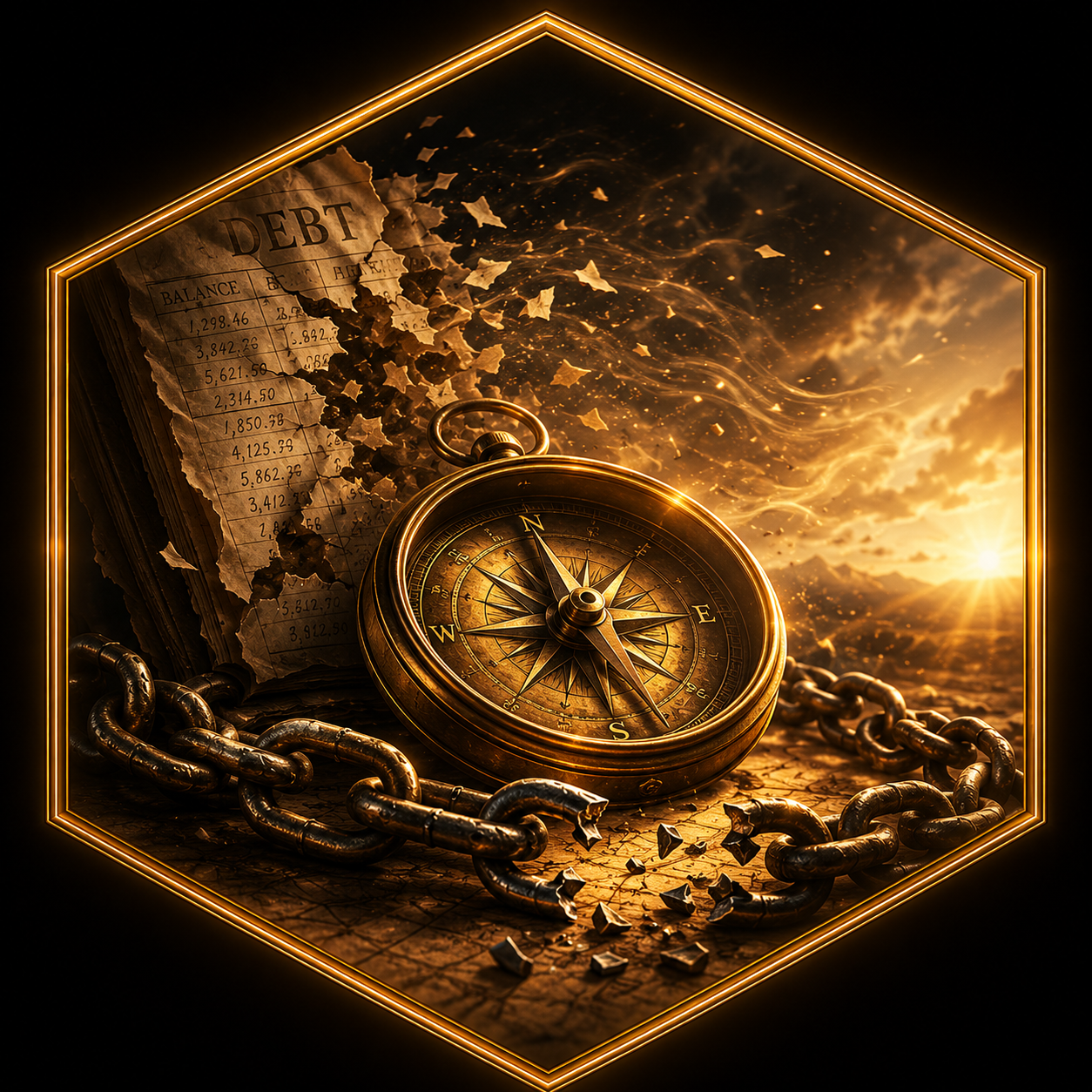 Compass with broken chains and dissolving debt ledger representing debt management